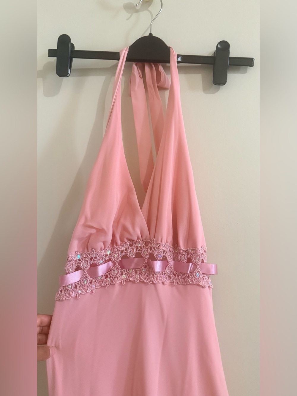 Pink Halter Mini Dress with Lace Ribbon Waist